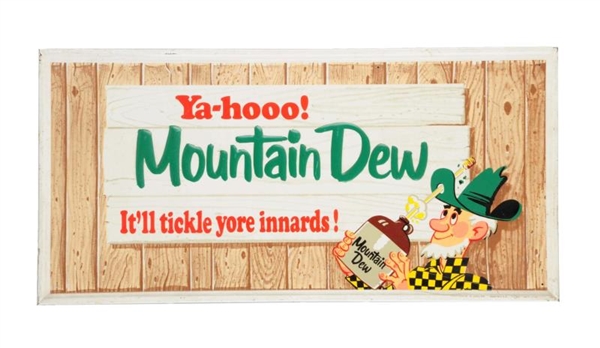 1966 EMBOSSED TIN MOUNTAIN DEW SIGN.              