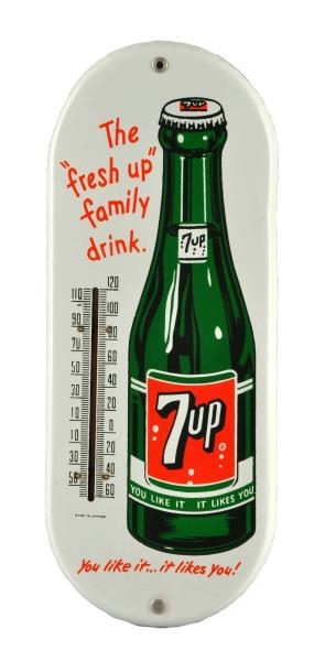 1950S PORCELAIN 7 - UP THERMOMETER.              