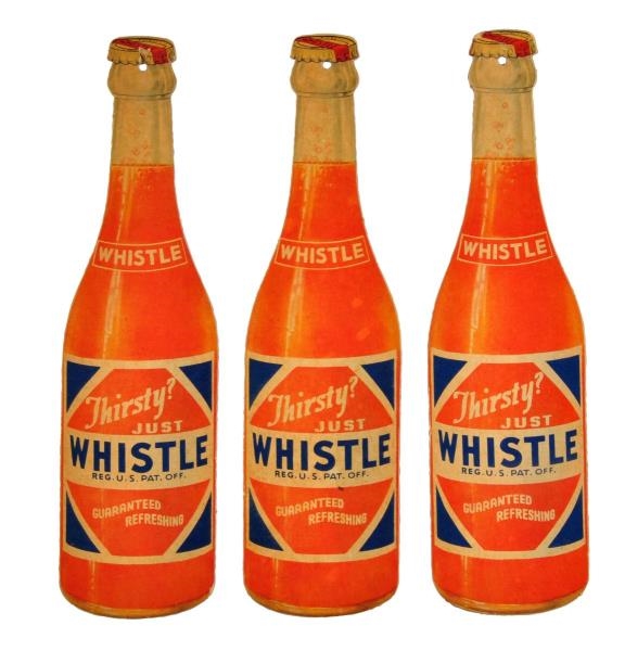 LOT OF 3: 1940S CARDBOARD CUTOUT WHISTLE BOTTLES.