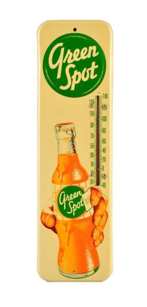 1950S GREENSPOT EMBOSSED TIN THERMOMETER.        