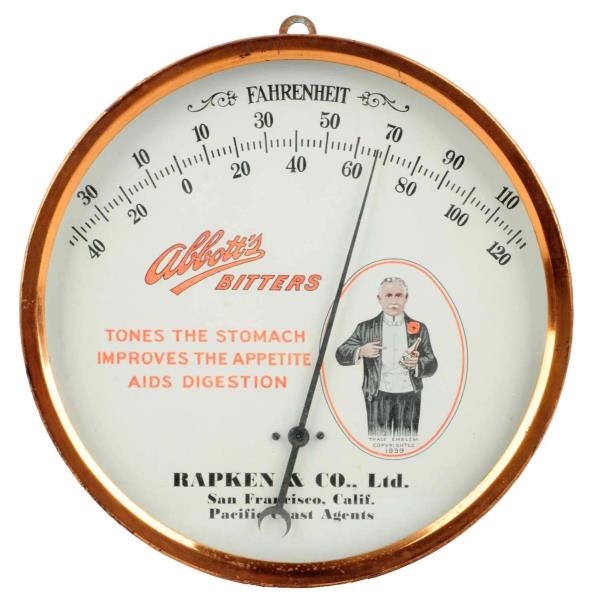 1910 - 20 ABBOTTS BITTERS DIAL THERMOMETER.      