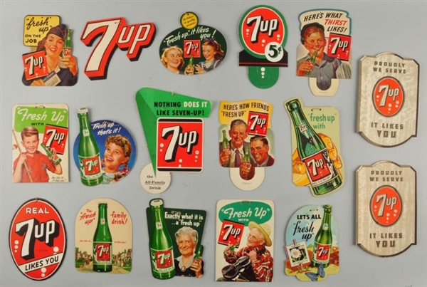 LOT OF 17: 7 - UP FAN PULLS AND BOTTLE DISPLAYS.  