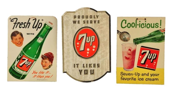 LOT OF 3: SMALL CARDBOARD 7 - UP SIGNS.           
