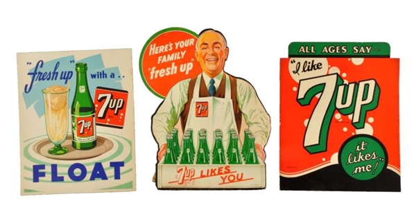 LOT OF 3: 1940S 7 - UP CARDBOARD SIGNS.`         