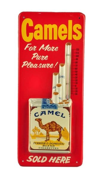 1960S CAMEL CIGARETTES EMBOSSED TIN THERMOMETER. 