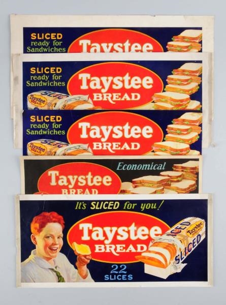 LOT OF 5: ASSORTED TAYSTEE BREAD PAPER SIGNS.     