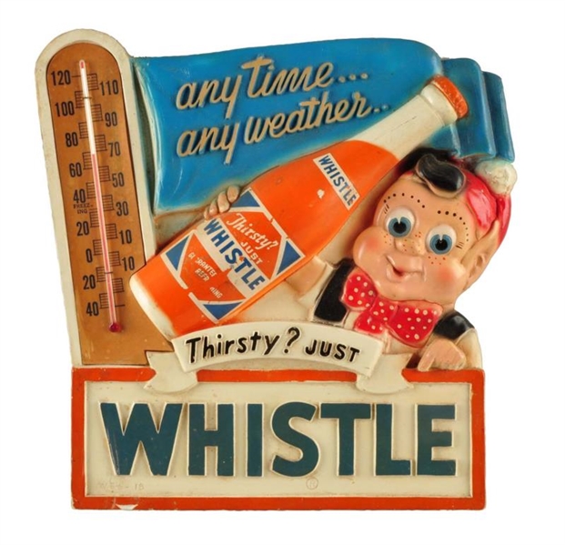 1950S WHISTLE CHALKWARE THERMOMETER AND SIGN.     