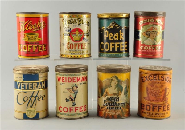 LOT OF 8: EARLY COFFEE TINS.                      