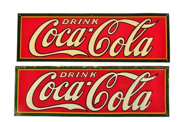 LOT OF 2: 1930S COCA - COLA EMBOSSED TIN SIGNS.  