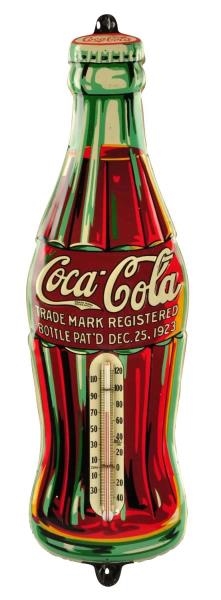 BEAUTIFUL 1935 COCA-COLA EMBOSSED TIN THERMOMETER.