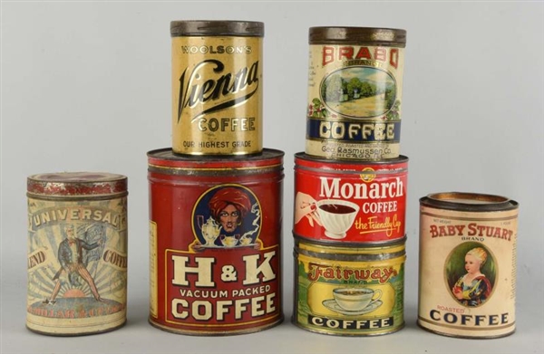 LOT OF 7: EARLY COFFEE TINS.                      