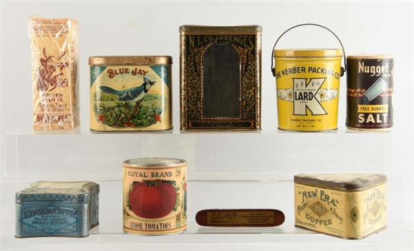 LOT OF 8: EARLY FOOD RELATED TINS AND CONTAINERS. 