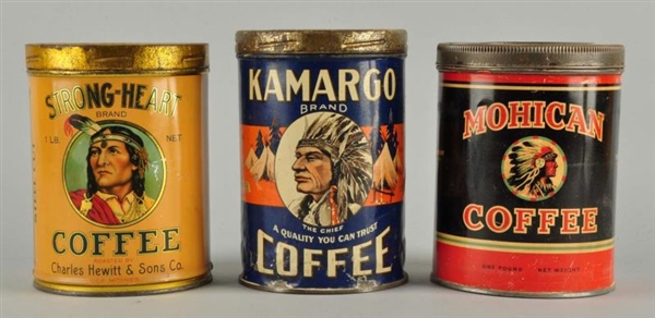LOT OF 3: COFFEE TINS WITH INDIAN LOGOS.          