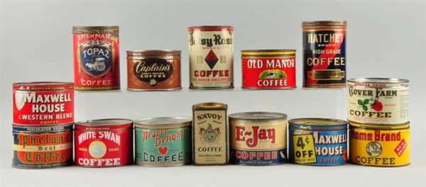 LOT OF 14: ASSORTED COFFEE TINS.                  