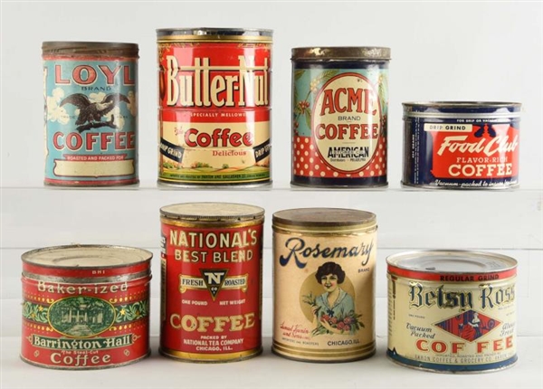LOT OF 8: EARLY COFFEE TINS.                      