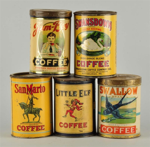 LOT OF 5: EARLY COFFEE TINS.                      