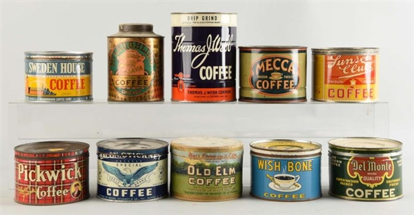 LOT OF 10: ASSORTED COFFEE TINS.                  