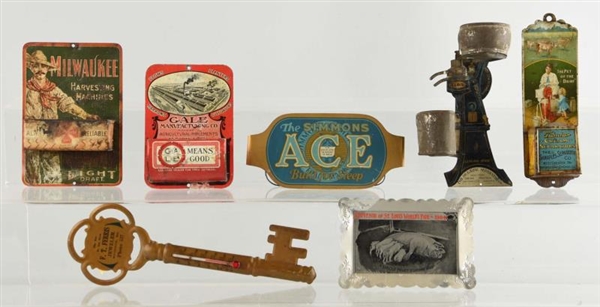 GAL LOT OF 7: ASSORTED MATCH HOLDERS & TIN PIECES.