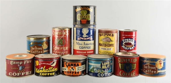 LOT OF 12: EARLY COFFEE TINS.                     