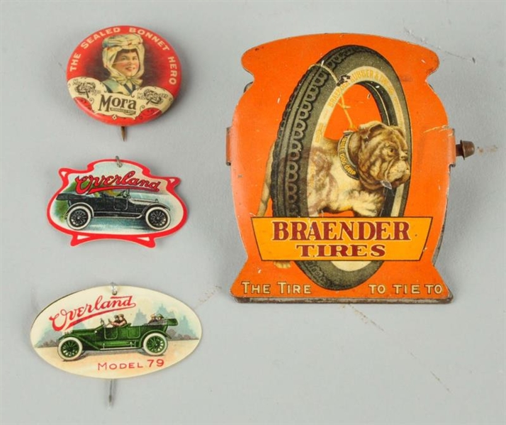 LOT OF 4: EARLY AUTO RELATED PINS & CLIP.         