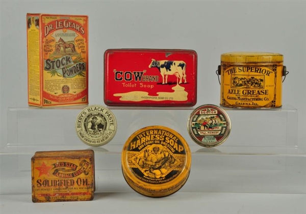 GALLOT OF 7: FARMING AND AGRICULTURE RELATED TINS.