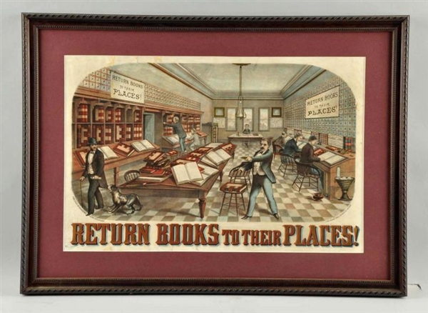 "RETURN BOOKS" LIBRARY FRAMED POSTER.             