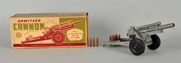 MARX SILVER PLASTIC TOY HOWITZER CANNON IN BOX.   