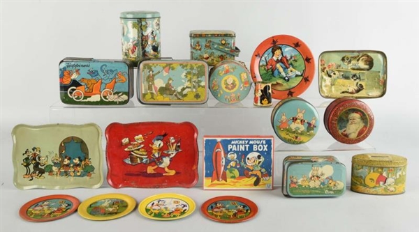 LARGE LOT OF TIN LITHO TINS, TRAYS AND PLATES.    