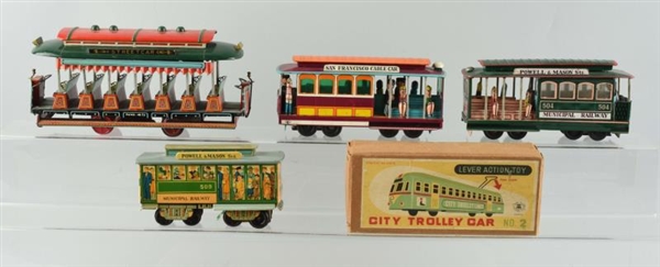 LOT OF 5: TIN LITHO TROLLEY CARS.                 