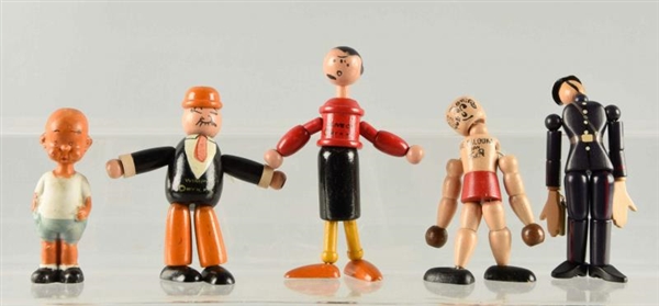 5 WOOD JOINTED & BISQUE COMIC CHARACTER FIGURES.  