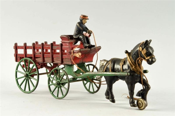 CAST IRON RED CART WITH HORSE.                    