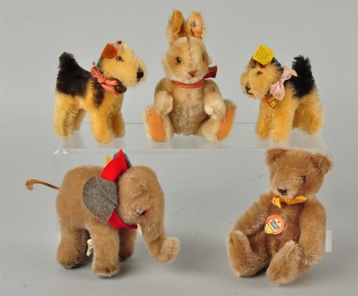 FIVE STEIFF MOHAIR MINIATURE ANIMALS WITH IDS.    