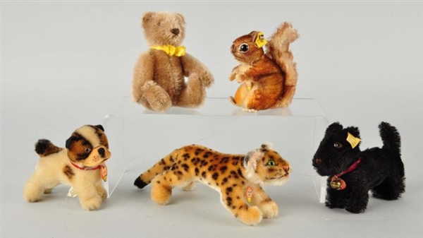 FIVE STEIFF MOHAIR MINIATURE ANIMALS WITH IDS.    