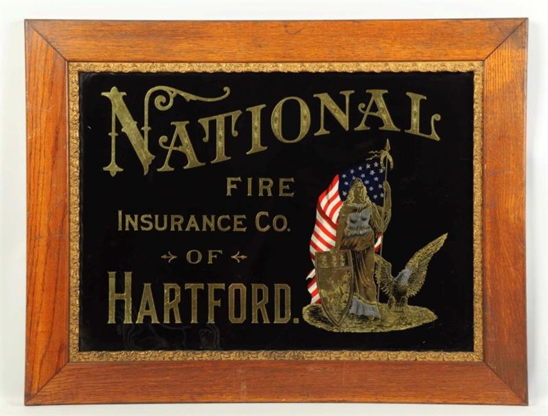 NATIONAL FIRE INSURANCE REVERSE ON GLASS SIGN.    