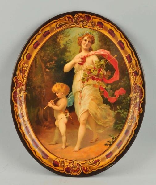 EARLY ADVERTISING TRAY WITH WOMAN & CHERUB.       