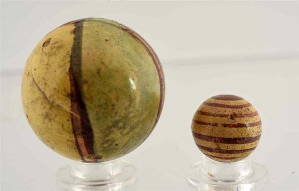 LOT OF 2:  EARLY PAINTED YELLOWWARE MARBLE.       
