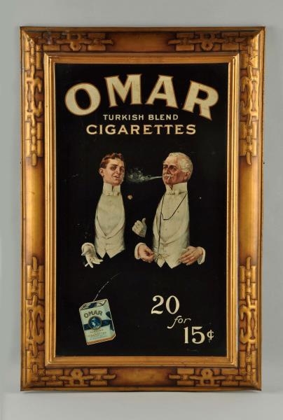 OMAR TURKISH CIGARETTES 15¢ SELF-FRAMED SIGN.     
