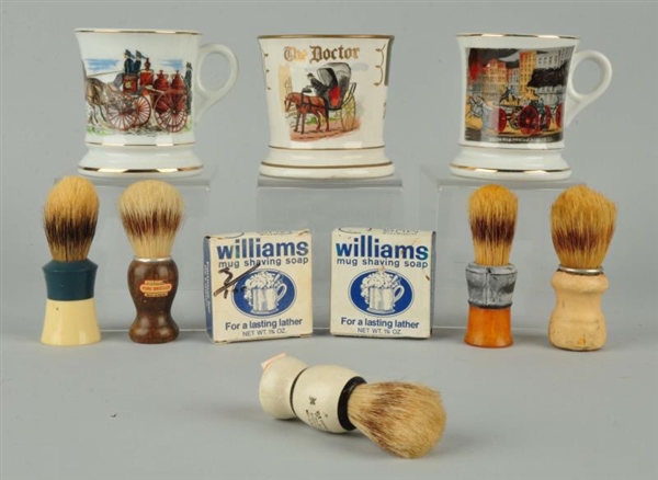 LOT OF 10: SHAVING MUGS, BRUSHES AND SOAP         