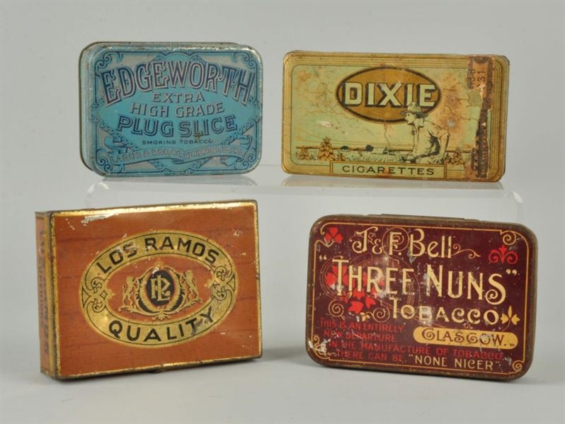 LOT OF 4: EARLY TOBACCO TINS.                     