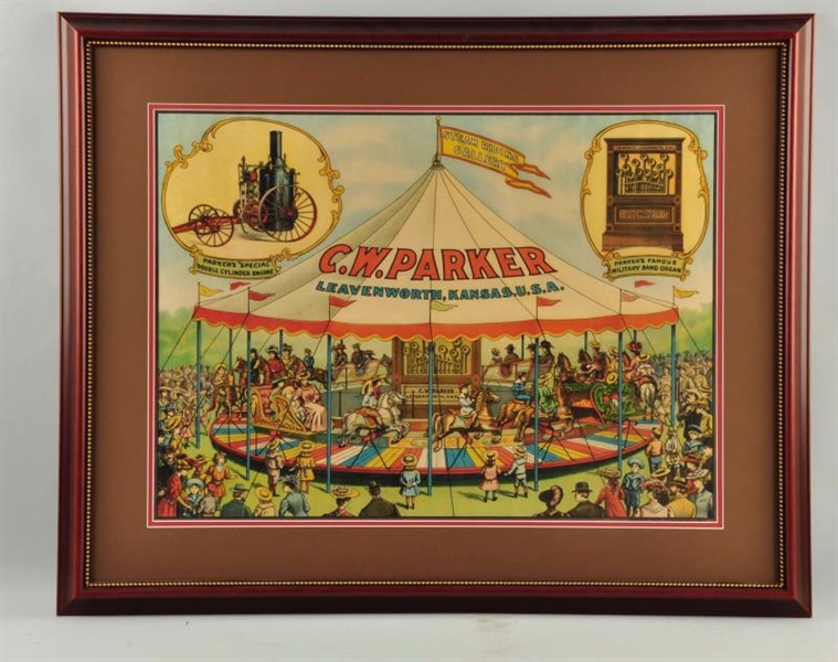 C.W. PARKER CAROUSEL ADVERTISING PAPER SIGN.      