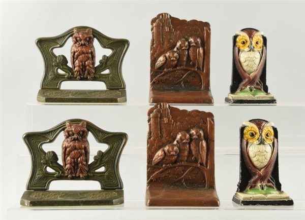 LOT OF 3: CAST IRON ASSORTED OWL BOOKENDS.        