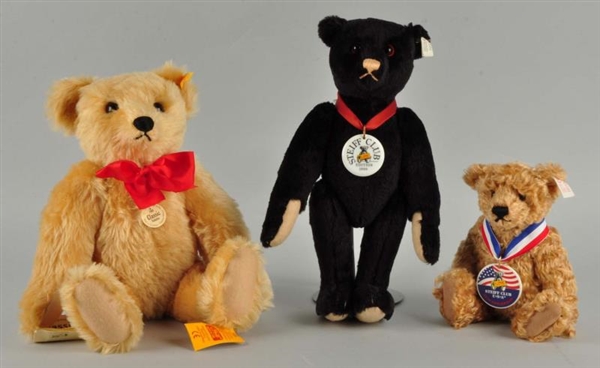THREE CHARMING MOHAIR STEIFF TEDDY BEARS WITH IDS.