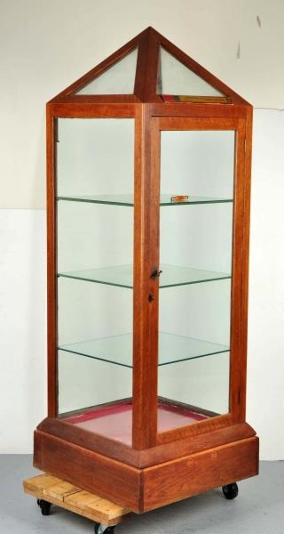 LARGE WOODEN & GLASS DISPLAY CASE W/ POINTED TOP. 