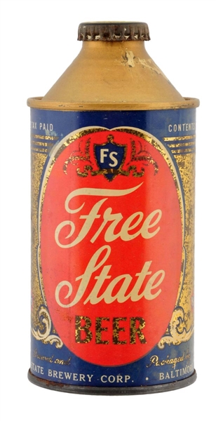 FREE STATE BEER CONE TOP IRTP BEER CAN.           