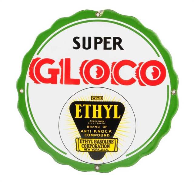SUPER GLOCO W/ ETHYL LOGO PORCELAIN SIGN.         