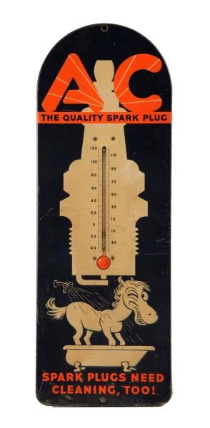 AC SPARK PLUG W/ SPARKY TIN EMBOSSED THERMOMETER. 