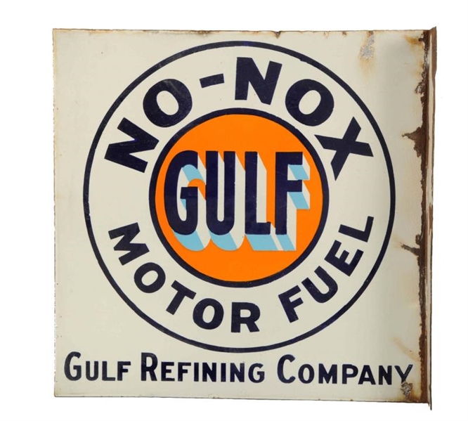 GULF NO-NOX MOTOR FUEL PORCELAIN FLANGE SIGN.     