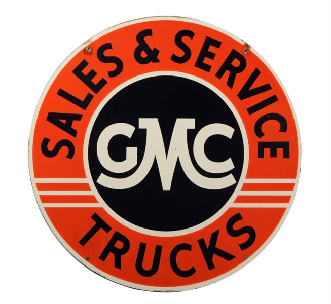 GMC TRUCKS SALES & SERVICE PORCELAIN SIGN.        
