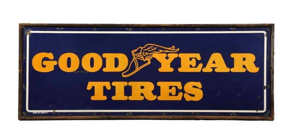 GOODYEAR TIRES PORCELAIN SIGN IN A WOODEN FRAME.  