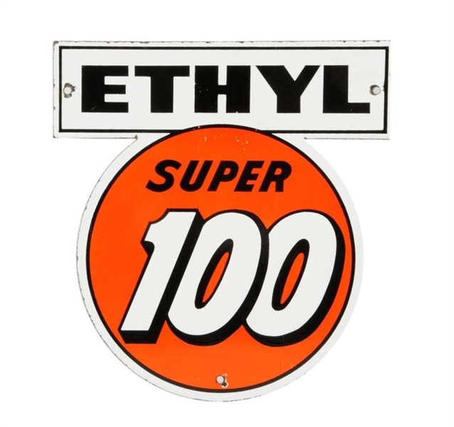 (CLARK) SUPER 100 ETHYL PORCELAIN DIECUT SIGN.    